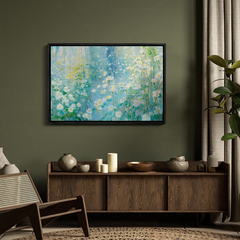 Framed Canvas Wall Art Prints Emerald Green Watercolor Wildflowers