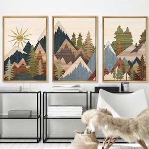 Mountain Wall Art, Pine Tree Forest Landscape Print, Nature Wall Art, Southwest Sun Print, Mid-Century Modern Boho Art Farmhouse Wall Decor