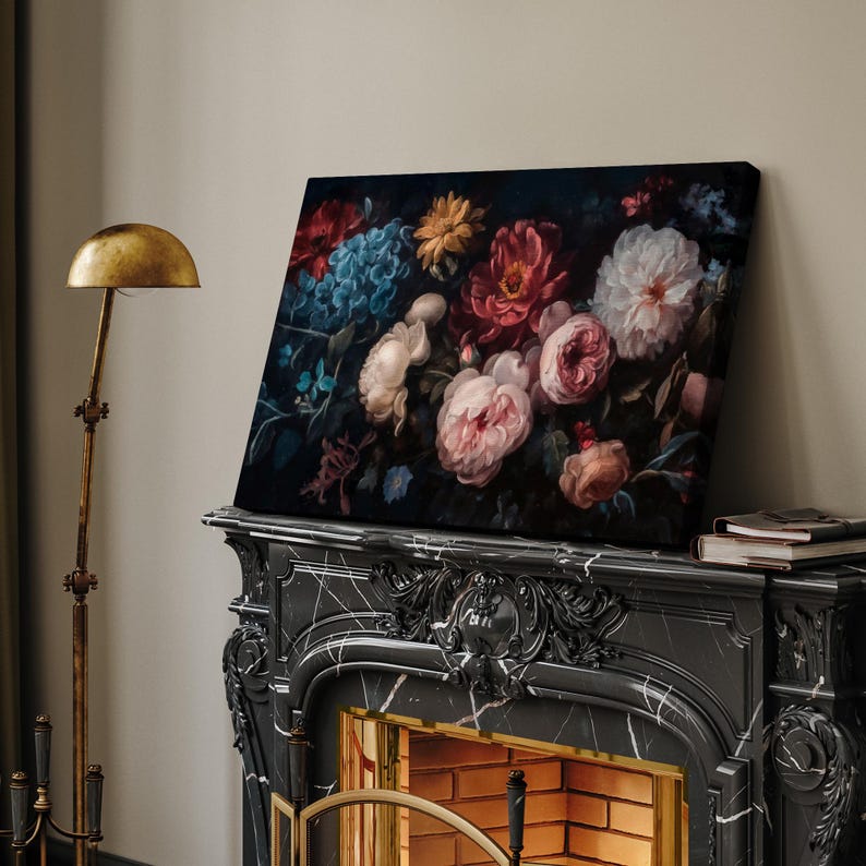 Framed Canvas Wall Art Prints Vintage Black Moody Floral Botanical