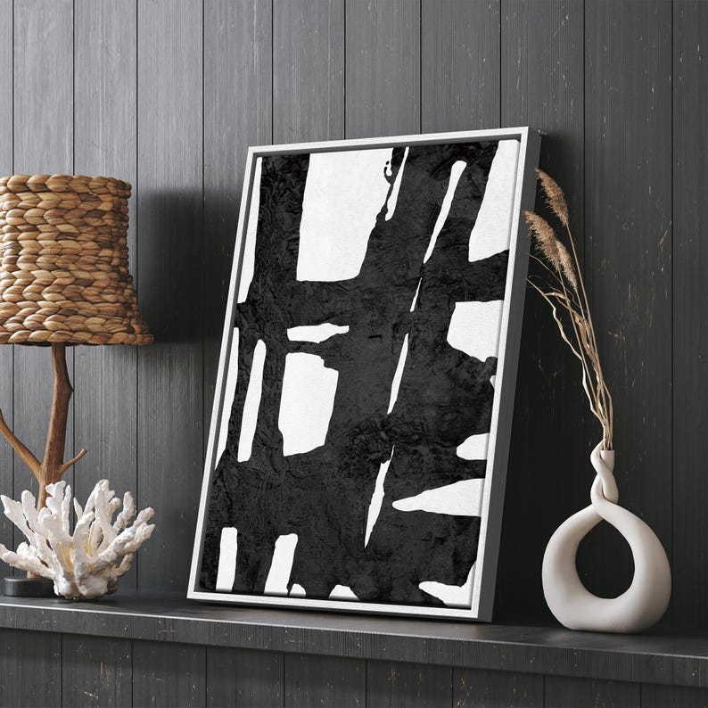 Framed Canvas Wall Art Bold Ink Stroke With Grid and Texture Abstract ...