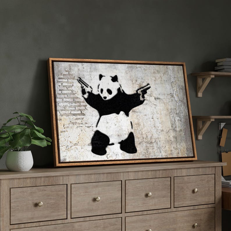 Framed Canvas Print Wall Art Banksy Panda With Handguns on Wall Cities ...