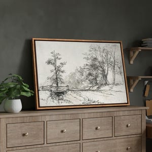 Framed Canvas Wall Art Prints Sketch Forest Landscape Countryside Wall Print Vintage Rustic Minimalist  Modern Nature Farmhouse Decor