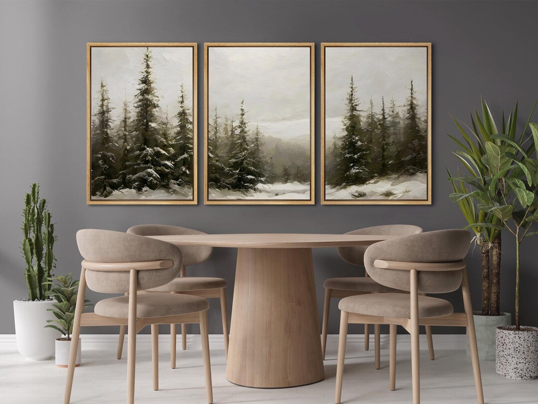 Framed Winter Pine Forest Wall Art Set of 3, Snowy Landscape Canvas ...