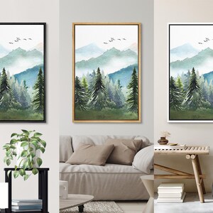 Framed Canvas Wall Art Set of 3 Watercolor Green Forest Tree Mountain ...