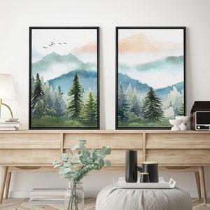 Framed Canvas Wall Art Set of 3 Watercolor Green Forest Tree Mountain ...