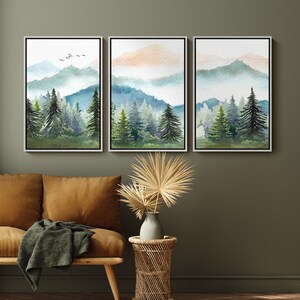Framed Mountain Forest Wall Art Set of 3, Watercolor Pine Tree ...