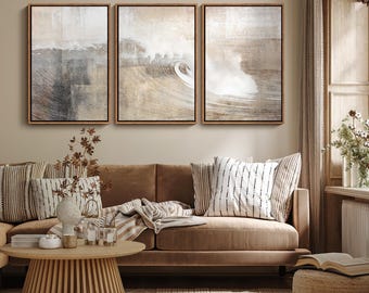 Framed Canvas Print Wall Art Set of 3 Gray & Tan Ocean Wave Overlay Nature Rustic Abstract Modern Art Neutral Mid-Century Minimalist Decor