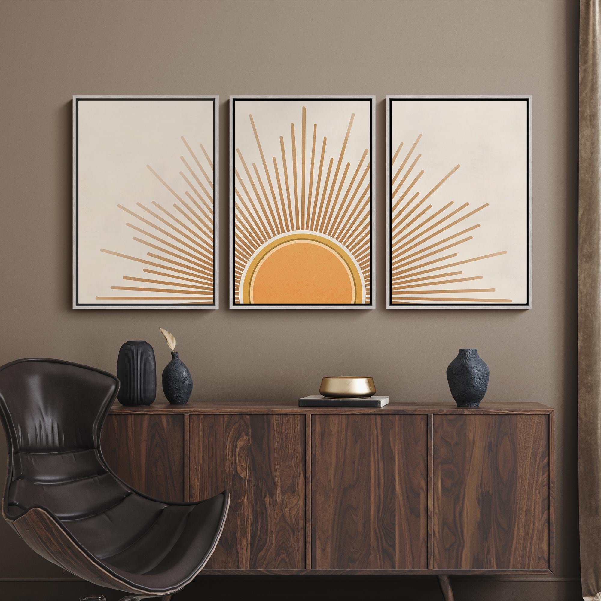 Framed Canvas Print Wall Art Set of 3 Geometric Yellow Sun Ray Prints ...