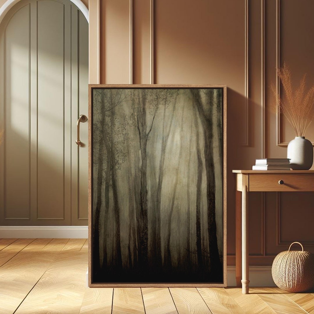 Framed Canvas Wall Art Misty Forest Prints Atmospheric Tree in Fog Dark ...