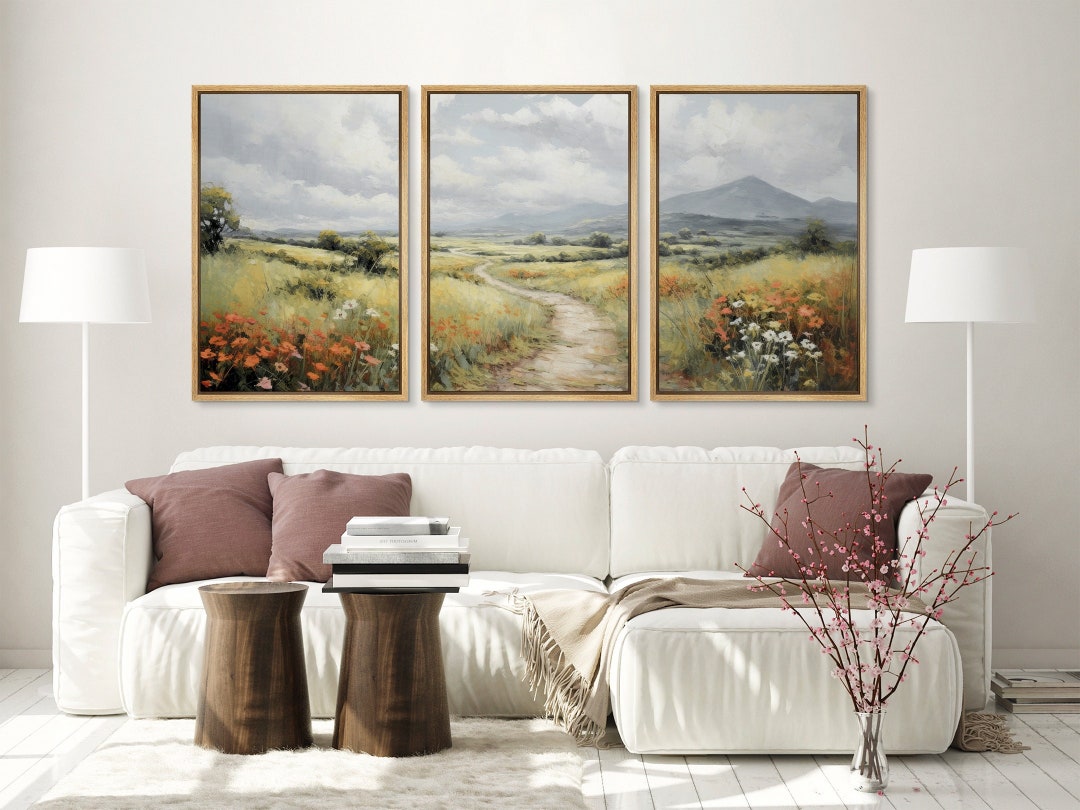 Framed Canvas Wall Art Print Set of 3 Wildflower Field Landscape Prints ...