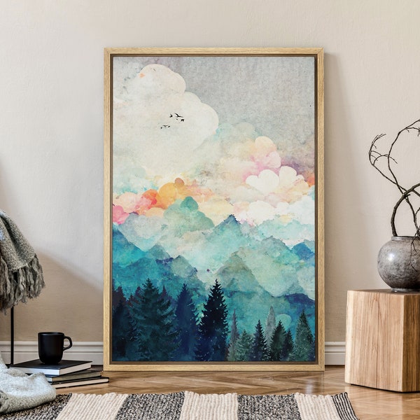 Framed Canvas Print Wall Art Pastel Watercolor Mountain Range Pine Tree Forest Nature Woodland Nursery Decor Decorative Botanical