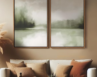 Misty Forest Lake Framed Wall Art Set of 2, Watercolor Soft Green Landscape Canvas Print, Modern Nature Decor for Living Room