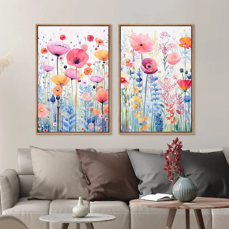 Framed Canvas Wall Art Set of 2 Floral Watercolor Print Flower Market Abstract Colorful Botanical Prints Minimalist Modern Art Boho Decor