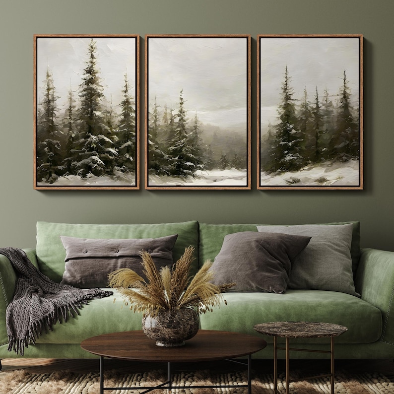 Framed Winter Pine Forest Wall Art Set of 3, Snowy Landscape Canvas ...