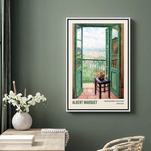 May include: A painting by Albert Marquet titled "Window overlooking the Bay of Algiers" painted in 1912. The painting depicts a view from a balcony with green doors open to a cityscape.