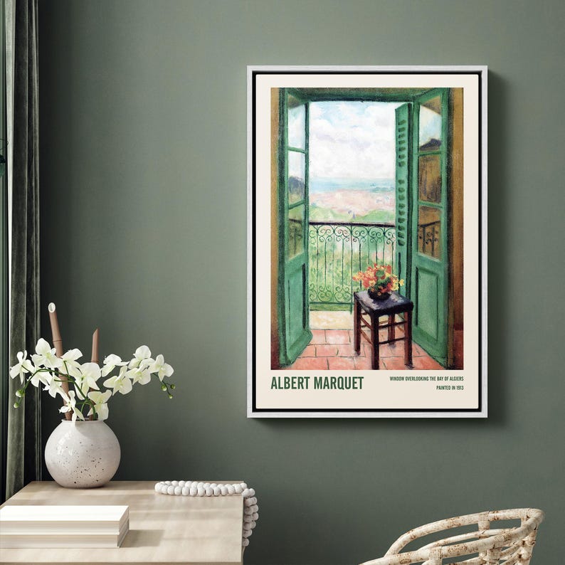 May include: A painting by Albert Marquet titled "Window overlooking the Bay of Algiers" painted in 1912. The painting depicts a view from a balcony with green doors open to a cityscape.