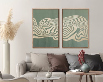 Framed Canvas Wall Art Set of 2 Abstract Wave Painting Sage Green Wave Art Mid-Century Modern Wall Art Minimalist Decor Geometric Print