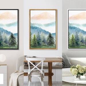 Framed Canvas Wall Art Set of 3 Watercolor Green Forest Tree Mountain ...