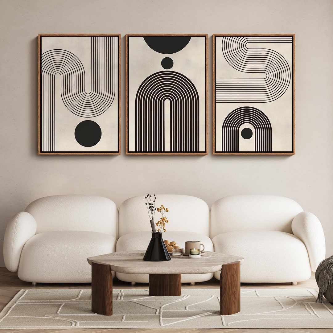Framed Canvas Print Wall Art Set of 3 Duotone Geometric Black & White ...