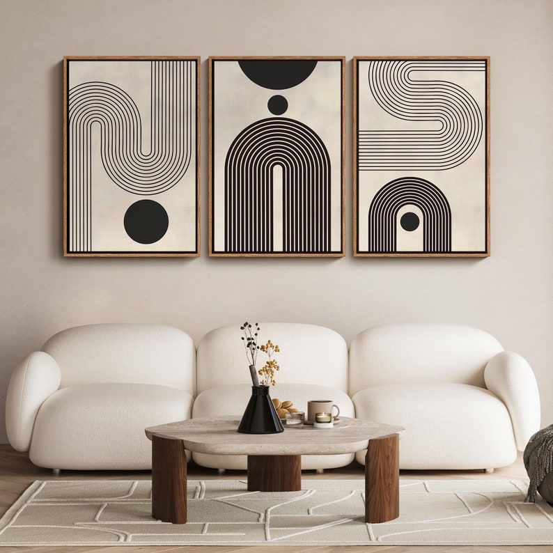 Framed Canvas Print Wall Art Set of 3 Duotone Geometric Black & White ...