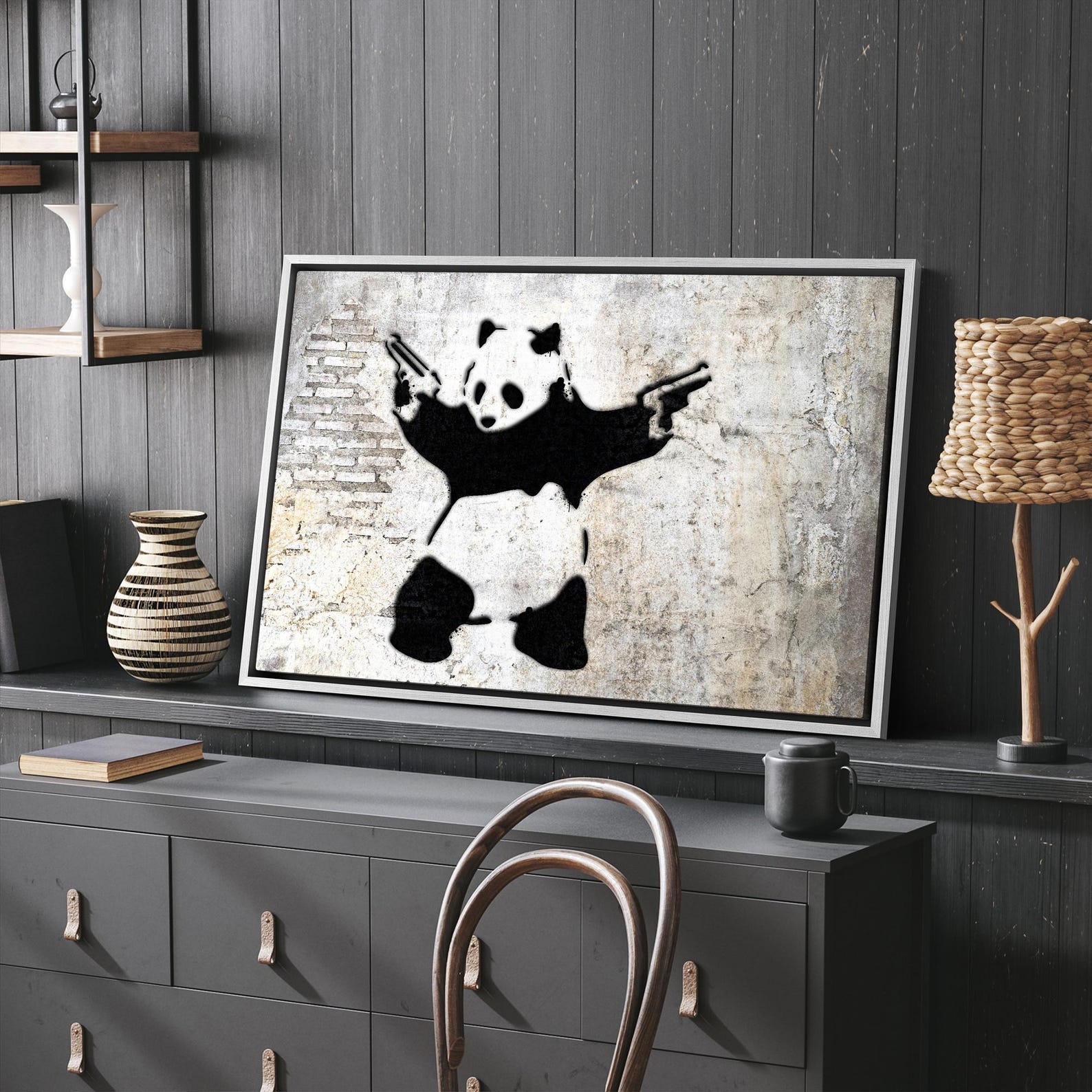 Framed Canvas Print Wall Art Banksy Panda With Handguns on Wall Cities ...