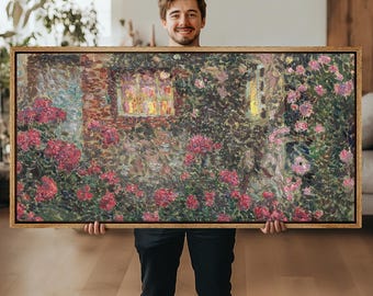 Lienzo enmarcado para pared, impresiones impresionistas de jardín, cabaña romántica con rosas florecientes, pintura de paisaje floral vibrante, decoración para sala de estar
