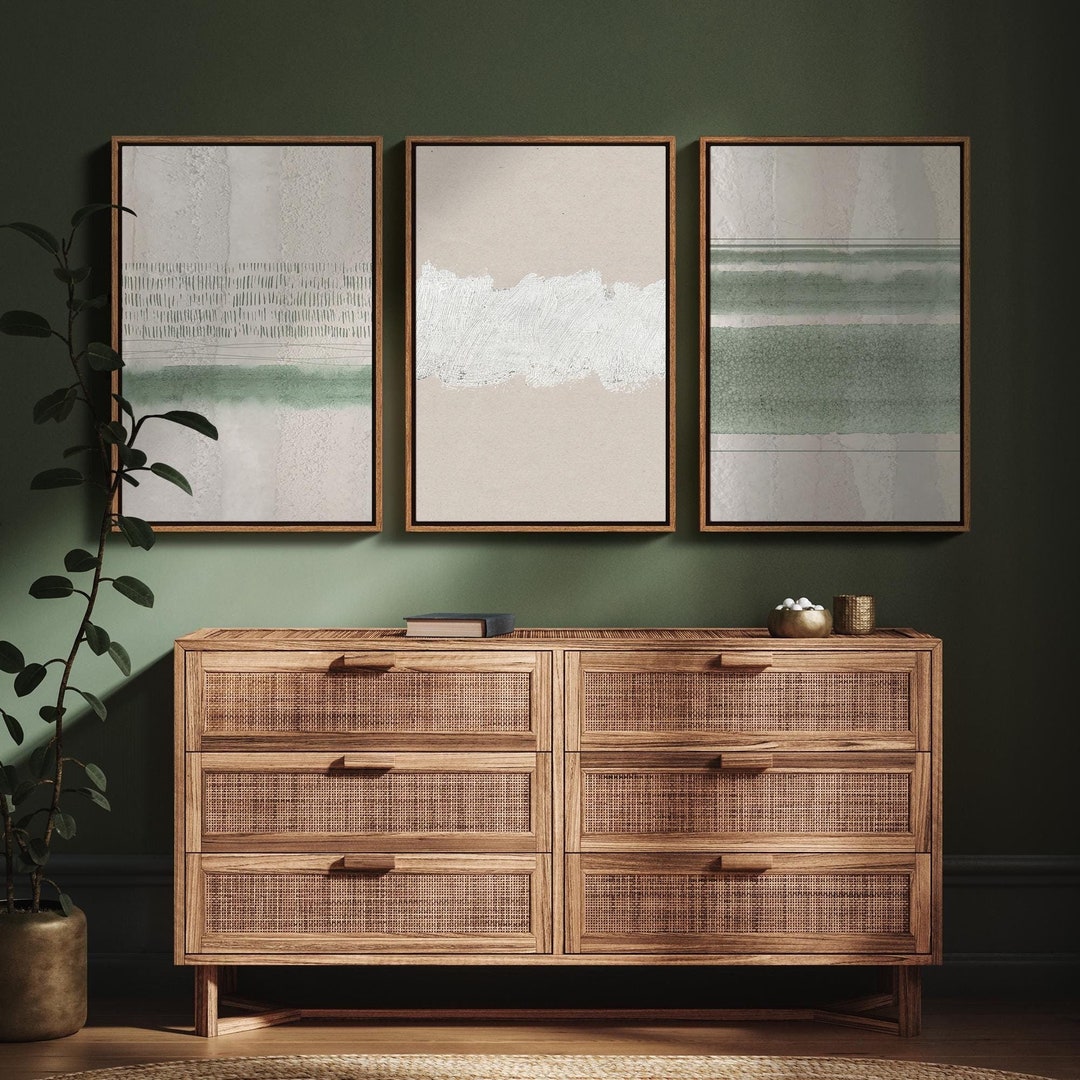 Framed Canvas Print Wall Art Set of 3 Sage Green Emerald Green White ...