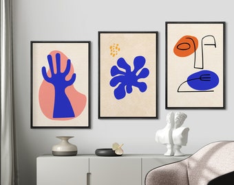 Framed Canvas Wall Art Set Navy Blue Orange Mid-Century Modern Wall Art Boho Neutral Decor Picasso Print Abstract Geometric Wall Art