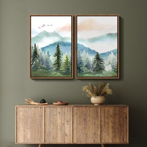 Framed Mountain Forest Wall Art Set of 3, Watercolor Pine Tree ...