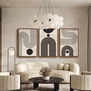 Framed Canvas Print Wall Art Set of 3 Duotone Geometric Black & White ...