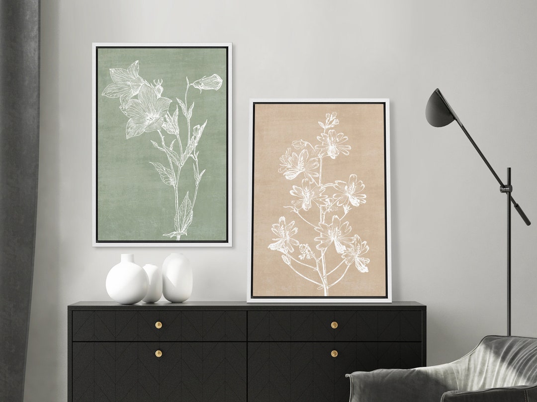 Framed Canvas Wall Art Set of 2 Floral Botanical Green Brown Flower ...