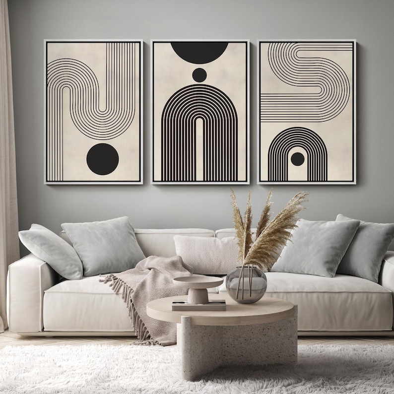 Framed Canvas Print Wall Art Set of 3 Duotone Geometric Black & White ...