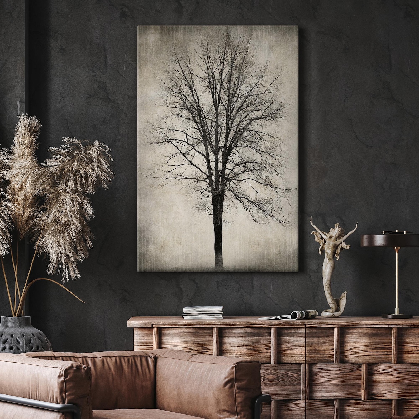 Canvas Wall Art - Moody Dark Forest Tree Black & White Grunge Nature ...