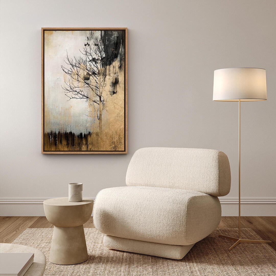 Framed Canvas Wall Art Abstract Beige Black Landscape Neutral Art ...