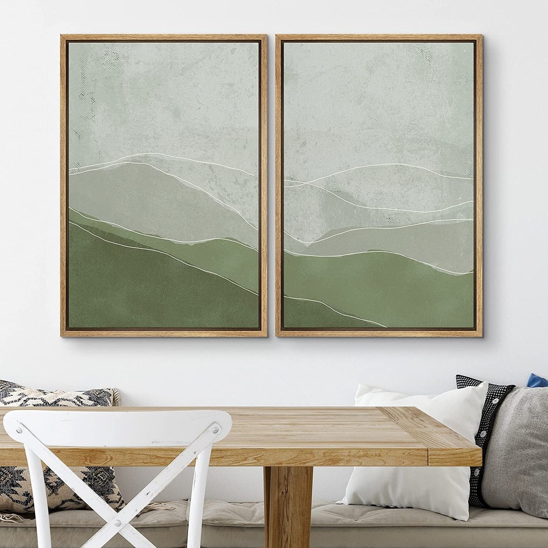 Framed Wall Art Print Set of 2 Sage Green & Gray Wave Landscape ...