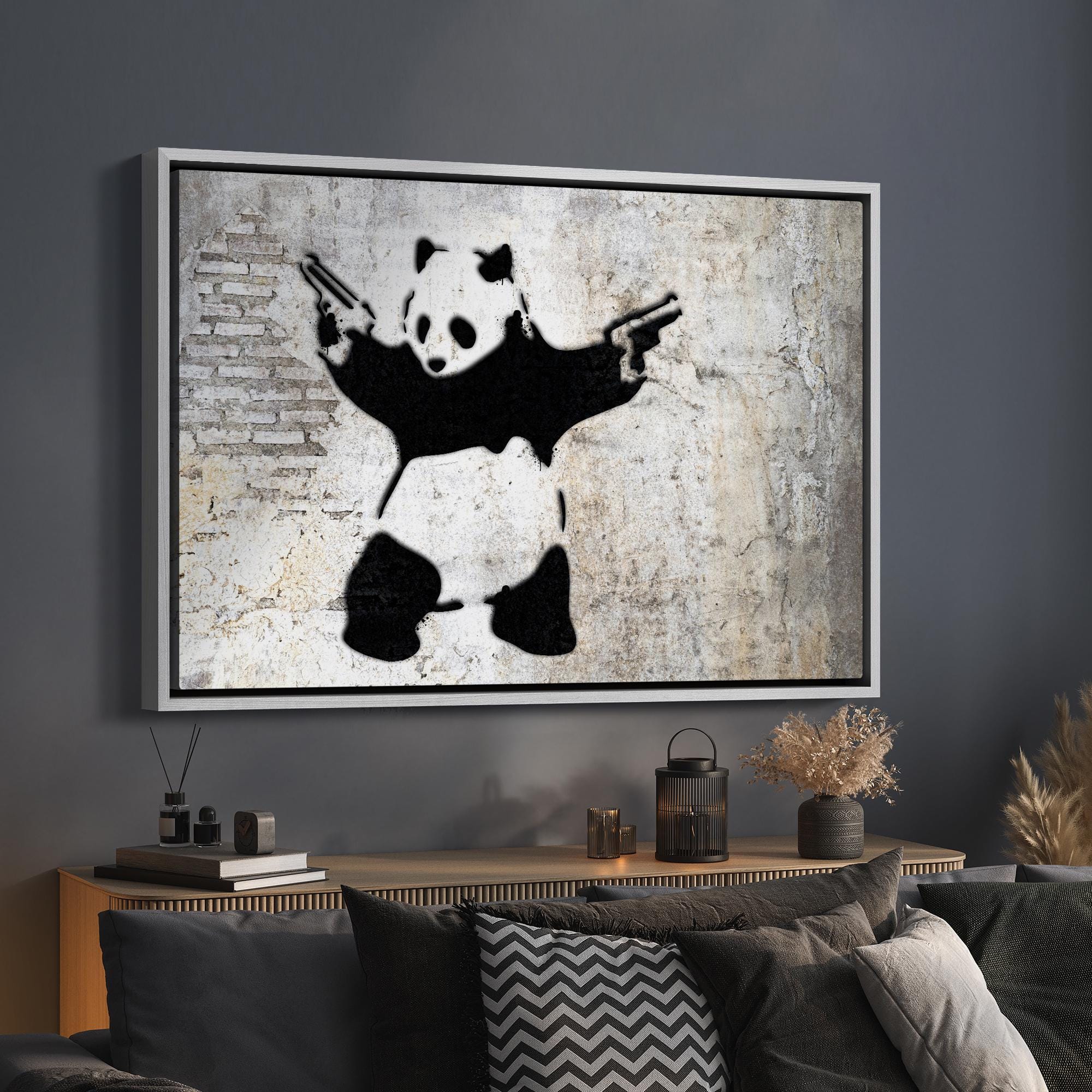 Framed Canvas Print Wall Art Banksy Panda With Handguns on Wall Cities ...