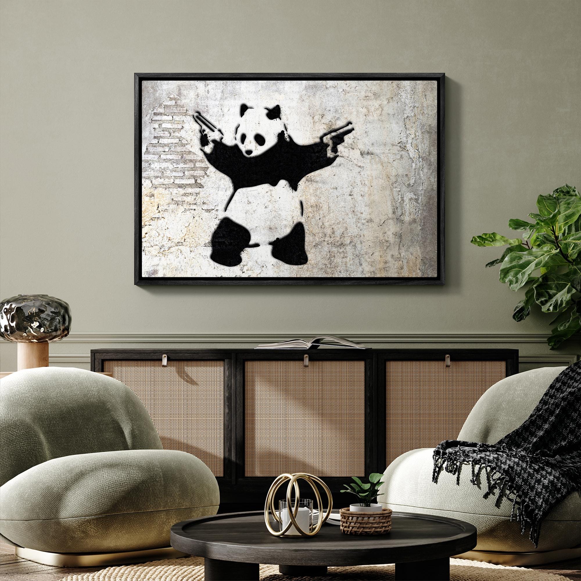 Framed Canvas Print Wall Art Banksy Panda With Handguns on Wall Cities ...