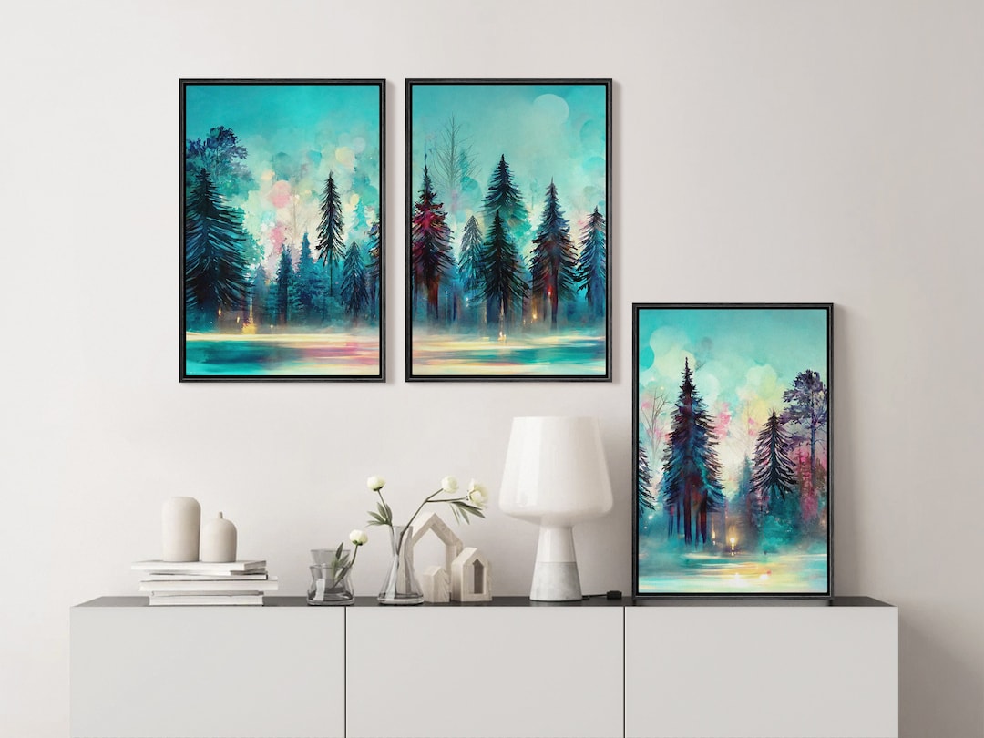 Framed Canvas Wall Art Set of 3 Watercolor Teal Blue Tree Lake Forest ...