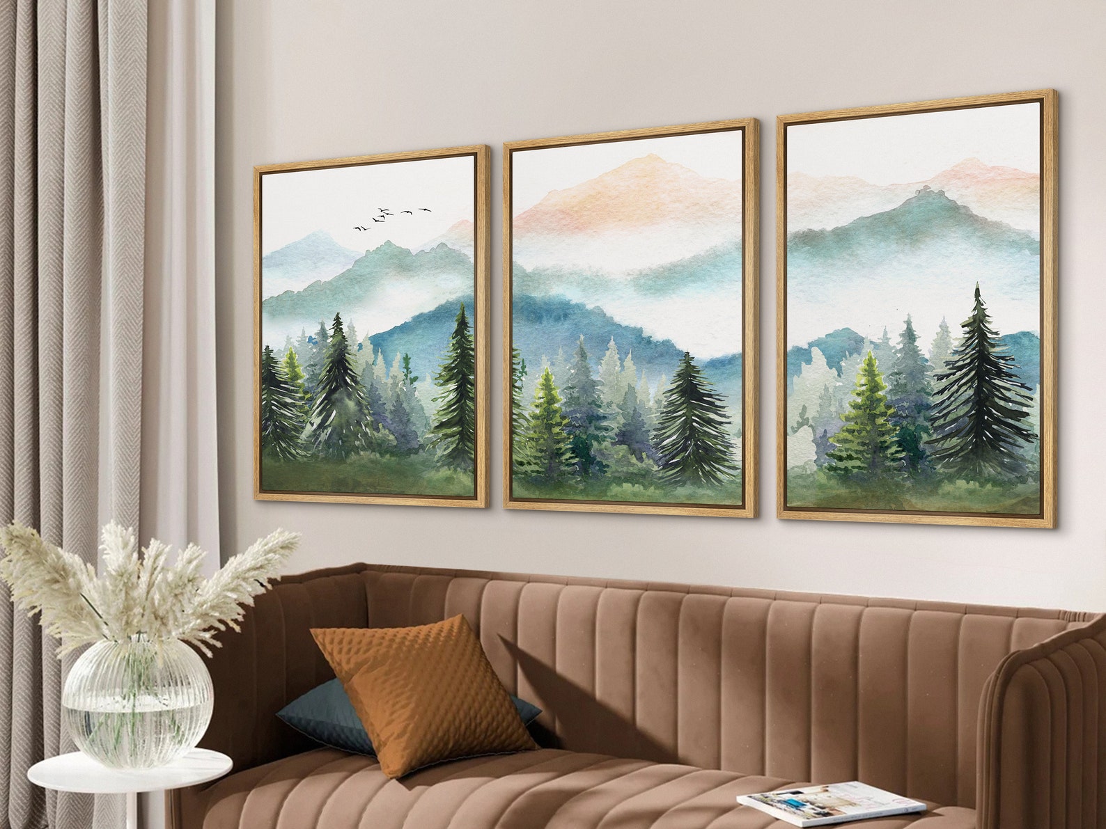 Framed Canvas Wall Art Set of 3 Watercolor Green Forest Tree Mountain ...