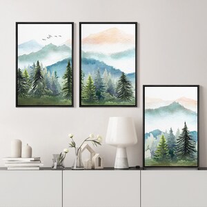 Framed Canvas Wall Art Set of 3 Watercolor Green Forest Tree Mountain ...