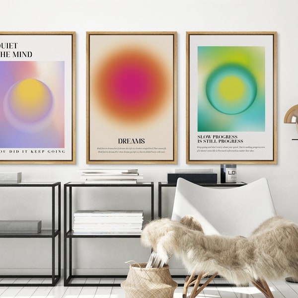 Aura Wall Art, Positive Affirmation Words Art Print, Colorful Minimalist Circle Decor, Boho Wall Art Prints, Framed Canvas Wall Art Set of 3