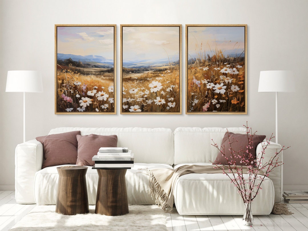 Framed Canvas Wall Art Print Set of 3 Wildflower Field Botanical Floral ...