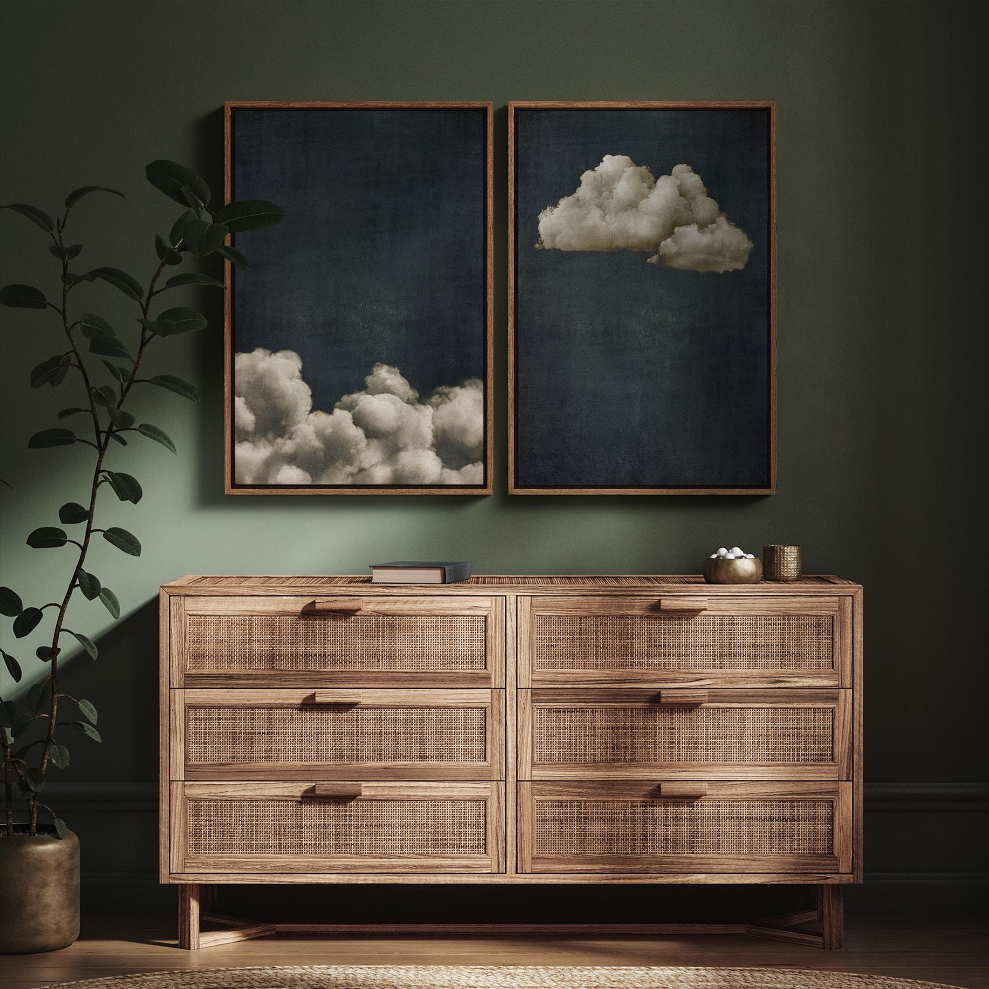 Framed Canvas Wall Art Set of 2 Moody Cloud Prints Dark Blue Sky and Stormy Clouds Poster Vintage Aesthetic artworks Bedroom Wall Decor
