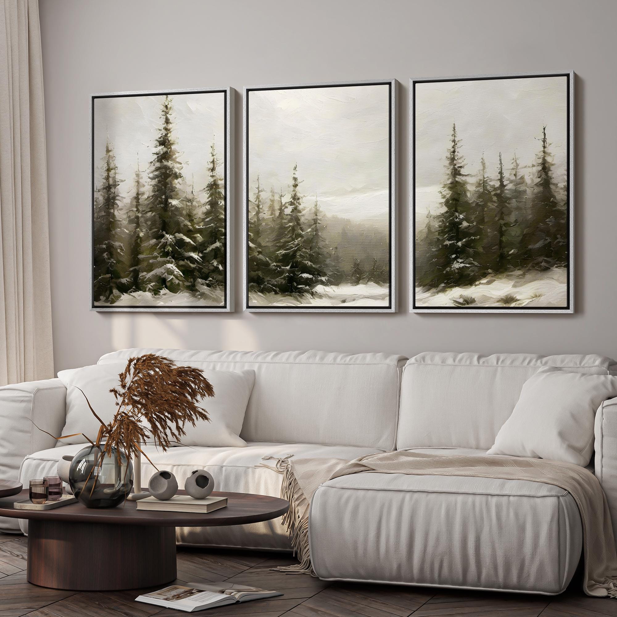 Framed Winter Pine Forest Wall Art Set of 3, Snowy Landscape Canvas ...