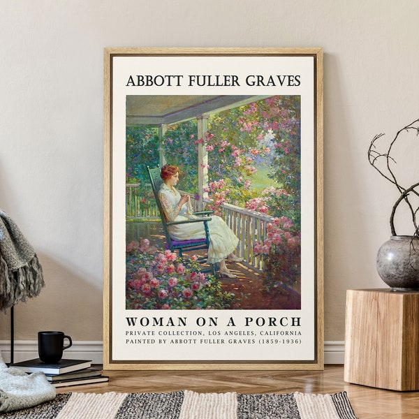 Framed Canvas Print Wall Art Woman on Porch by Abbott Fuller Graves Classic Vintage Illustrations Botanical Print Fine Art Decorative