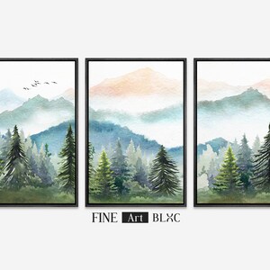Framed Canvas Wall Art Set of 3 Watercolor Green Forest Tree Mountain ...