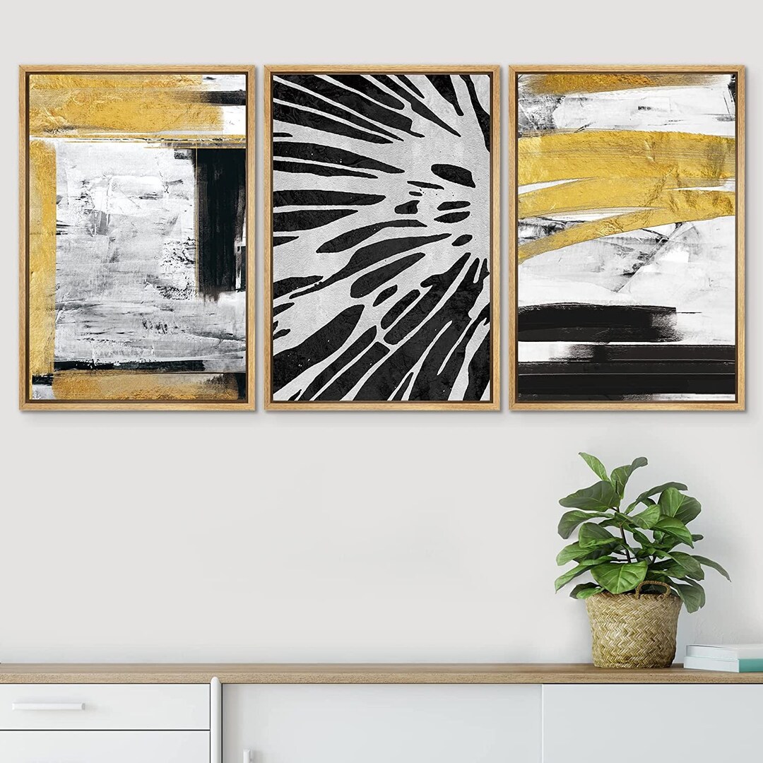 Framed Wall Art Print Set Black  Gold Paint Strokes With Etsy
