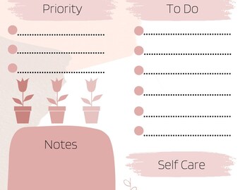 May include: A printable daily planner with sections for priority tasks, to-do list, notes, and self-care. The planner features a pink and white colour scheme with floral illustrations.