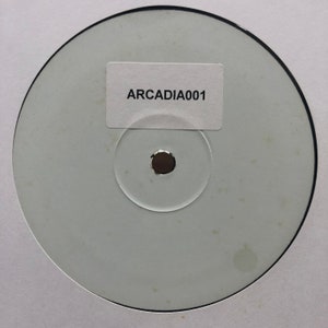 Puede incluir: Un disco de vinilo en blanco, de color gris claro, con una etiqueta blanca que dice "ARCADIA001". El disco tiene un agujero central y una ranura circular. La superficie presenta pequeñas imperfecciones.