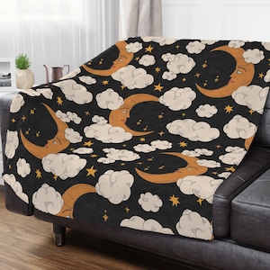 Moon Blanket, Cloud Blanket, Celestial Moon And Cloud Blanket, Witchy Gift, Celestial Decor For Housewarming, Night Sky Blanket